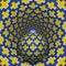 Optical illusion illustration. Ball is moving in mottled hole. Yellow crosses on blue pattern objects