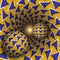 Optical illusion illustration. Two balls with arrows pattern are moving on rotating blue arrows yellow funnel