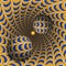 Optical illusion illustration. Two balls are moving in mottled hole. Blue crescent on orange pattern objects