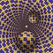 Optical illusion illustration. Two balls are moving in mottled hole. Blue shapes on yellow pattern objects.