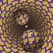 Optical illusion illustration. Two balls are moving in mottled hole. Yellow corners on purple pattern objects