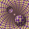 Optical illusion illustration. Two balls are moving in mottled hole. Yellow shapes on purple pattern objects