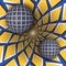 Optical illusion illustration. Two balls are moving on rotating blue background with yellow quadrangles.