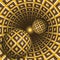 Optical illusion illustration. Two balls are moving in rotating hole. Brown blocks on yellow pattern objects