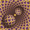 Optical illusion illustration. Two balls are moving in rotating hole. Purple arrows on yellow pattern objects.