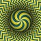 Optical illusion vector illustration. Multiple spiral sphere soaring above the motley surface. Green yellow patterned objects