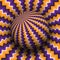 Optical illusion vector illustration. Purple orange zigzag patterned sphere soaring above the same surface