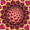 Optical illusion vector illustration. Sphere soaring above the hole. Pink yellow hearts patterned objects