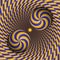 Optical illusion vector illustration. Two multiple spiral balls are moving in rotating hole. Blue yellow patterned objects