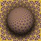 Optical illusion vector illustration. Yellow purple triangular elements patterned sphere soaring above the same surface