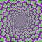 Optical motion illusion background. Green shapes fly apart circularly from the center on purple background