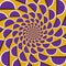 Optical motion illusion background. Purple shapes fly apart circularly from the center on yellow background