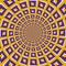 Optical motion illusion background. Purple squares fly apart circularly from the center on yellow background