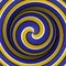 Optical motion illusion background. Sphere with a blue yellow spiral pattern on double helix background