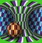 Optical motion illusion illustration. Sphere is rotation around of a moving hyperboloid. Abstract fantasy background