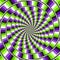 Optical motion illusion vector background. Purple green glitch stripes move around the center