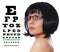 Optician. Beautiful brunette wearing glasses and Snellen eye exam chart isolated on white
