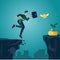 An optimistic businessman jumping and running over cliffs, chasing money coins. Flat character