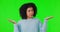 Option or decide and girl in portrait with shrug in studio with green screen background. Confused face, balance and