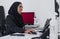 Optometry, consulting and Muslim woman on a computer for research, healthcare and analytics. Ophthalmology, check and