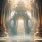 Opulent acient Temple of lost Lemuria civilization bathed in golden light. culture concept. Ai generated