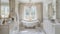 Opulent bathroom interior adorned with crystal chandelier, clawfoot tub, gold fixtures, and marble countertops exudes