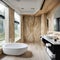 Opulent bathroom tiles in marble imitation, bathtub by the window, clt timber house - 1