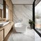 Opulent bathroom tiles in marble imitation, bathtub by the window, clt timber house - 1