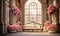 Opulent classical interior design with overflowing pink flowers in elegant vases, ornate columns, and large windows with a vintage