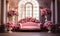 Opulent classical interior design with overflowing pink flowers in elegant vases ornate columns and large windows with a vintage