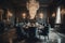 Opulent Dining Area with Luxurious Chandeliers, Plush Velvet Chairs, and a Grand Marble Table Created with Generative AI