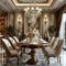 Opulent dining room with a crystal chandelier and elegant table setting3D render