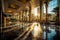 Opulent Grand Entrance of Modern Resort Casino: Neon Lights, Gold Frames, and Lush Palm Tree