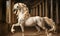 opulent horse with long tail and mane posing in regal palace. paint in ancient engraving style. Digital artwork. Ai generated.