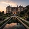 An opulent mansion or estate with sprawling gardens and grand architecture, surrounded by rolling