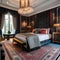 An opulent maximalist bedroom with bold wallpaper, ornate furniture, and luxurious textiles1