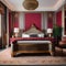 An opulent maximalist bedroom with bold wallpaper, ornate furniture, and luxurious textiles3