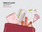 Oral contraceptive, tampons, pads, cup, pillls in beauty purse, pperiod illustration. Menstruation cycle woman medical art. Hand-