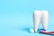 Oral dental hygiene. Dental mirror with toothbrush near healthy white tooth model on light blue background. Free space for your