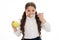 Oral hygiene. Girl cute holds toothbrush and apple white background. Child girl holds apple and brush tooth with paste