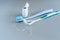 Oral hygiene health concept. Closeup dental tools toothbrush and tongue cleaner