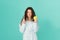 Oral hygiene. Woman bathrobe hold toothbrush and apple. Personal hygiene. Girl cleaning teeth. Freshness and cleanliness