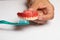 Oran hygiene: Cleaning dental prothesis with toothbrush