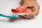 Oran hygiene demonstration: Cleaning dental prothesis denture with toothbrush