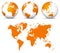 Orange 3D World - Flat Vector Globe Icon Set with Undistorted 2D World Map in Orange Color.