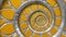 Orange abstract round spiral background pattern fractal. Silver metal spiral orange decorative ornament element. Metal texture