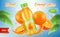 Orange ads. Placard vitamins juice bottle with splashes fruits spray vector advertizing graphic