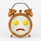 Orange alarm clock with sad face omelet concept - isolated on white