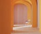 Orange arches corridor with sunlight and chair, 3d rendering