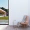 Orange armchair and coffee table in the room  in front of the wall  empty wall mockup